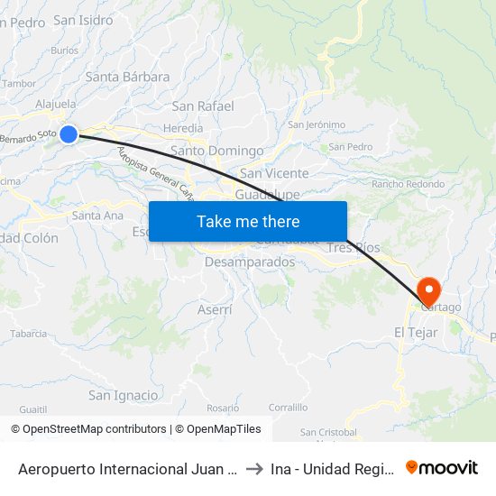 Aeropuerto Internacional Juan Santamaría, Alajuela to Ina - Unidad Regional Cartago map