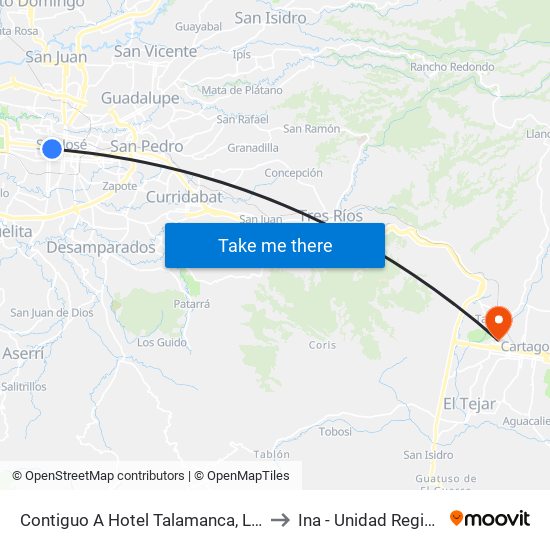 Contiguo A Hotel Talamanca, La Merced San José to Ina - Unidad Regional Cartago map