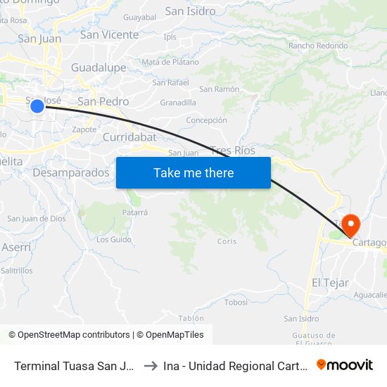 Terminal Tuasa San José to Ina - Unidad Regional Cartago map