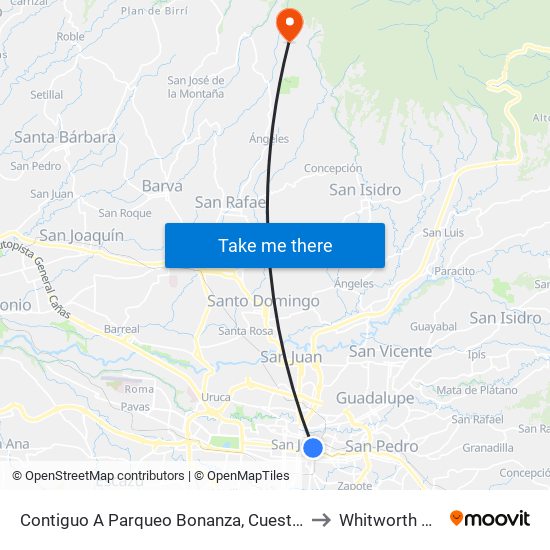 Contiguo A Parqueo Bonanza, Cuesta De Moras San José to Whitworth University map