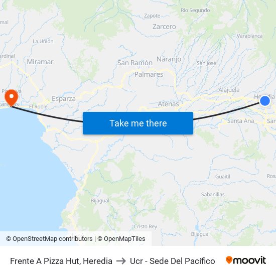 Frente A Pizza Hut, Heredia to Ucr - Sede Del Pacífico map