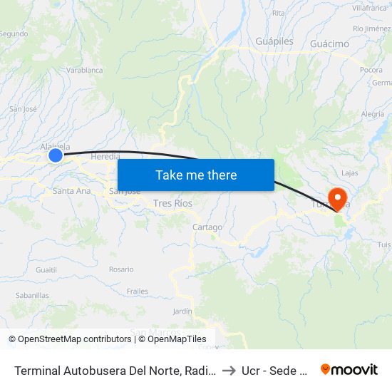 Terminal Autobusera Del Norte, Radial Francisco J. Orlich Alajuela to Ucr - Sede Del Atlántico map