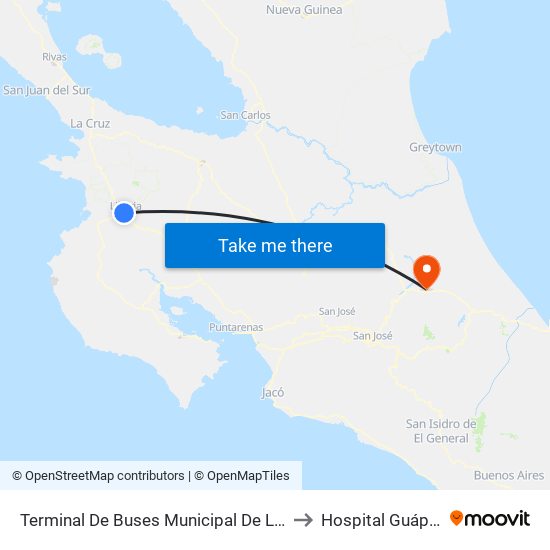 Terminal De Buses Municipal De Liberia to Hospital Guápiles map