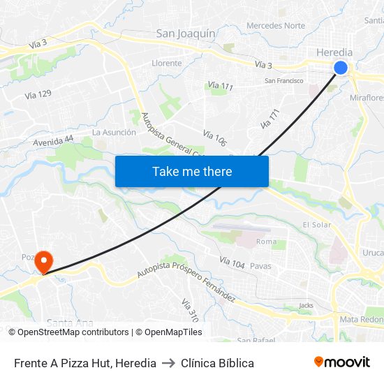 Frente A Pizza Hut, Heredia to Clínica Bíblica map