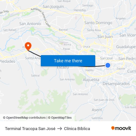 Terminal Tracopa San José to Clínica Bíblica map