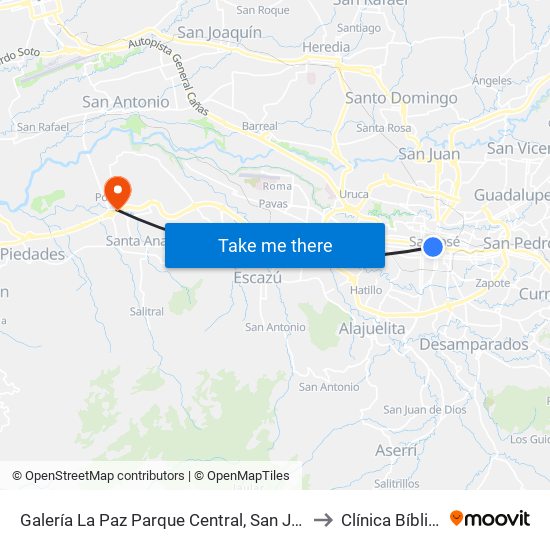 Galería La Paz Parque Central, San José to Clínica Bíblica map