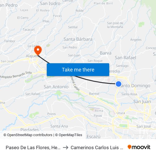 Paseo De Las Flores, Heredia to Camerinos Carlos Luis Fallas map