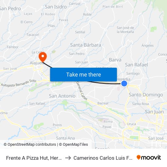 Frente A Pizza Hut, Heredia to Camerinos Carlos Luis Fallas map