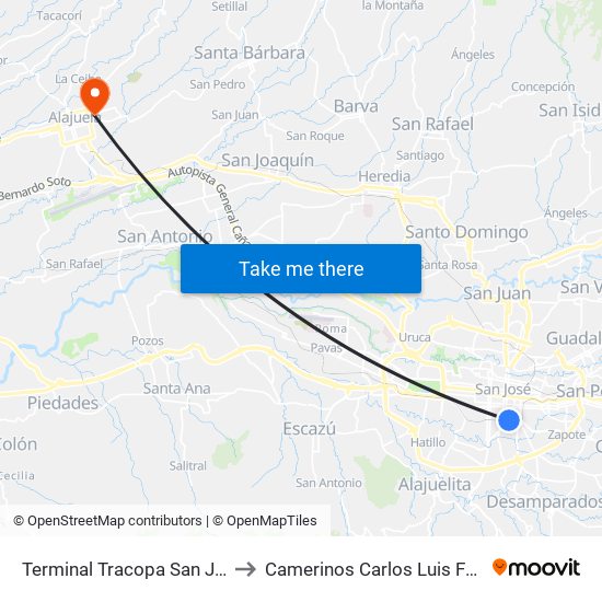 Terminal Tracopa San José to Camerinos Carlos Luis Fallas map