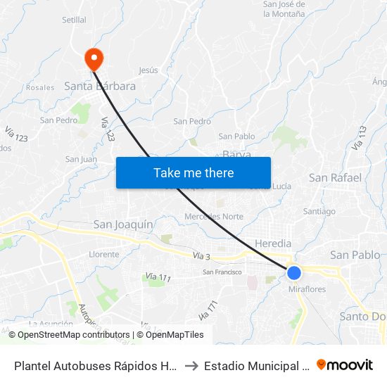 Plantel Autobuses Rápidos Heredianos, Pirro Heredia to Estadio Municipal Carlos Alvarado map