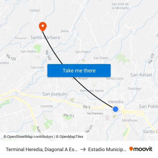 Terminal Heredia, Diagonal A Escuela Braulio Morales Cervantes to Estadio Municipal Carlos Alvarado map