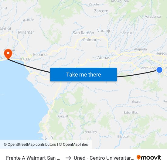 Frente A Walmart San Rafael, Escazú to Uned - Centro Universitario Puntarenas map