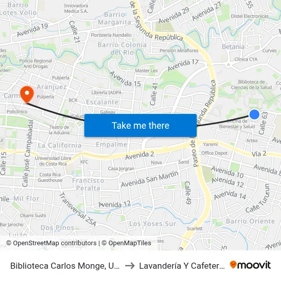 Biblioteca Carlos Monge, Ucr to Lavandería Y Cafetería map