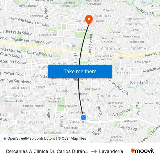 Cercanías A Clínica Dr. Carlos Durán, González Víquez San José to Lavandería Y Cafetería map