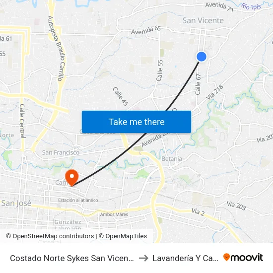 Costado Norte Sykes San Vicente Moravia to Lavandería Y Cafetería map