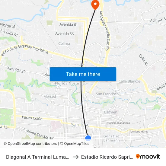 Diagonal A Terminal Lumaca San José to Estadio Ricardo Saprissa Aymá map