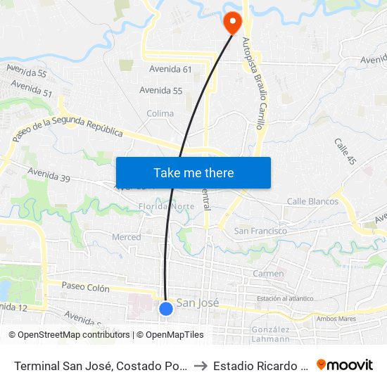 Terminal San José, Costado Posterior Iglesia La Merced to Estadio Ricardo Saprissa Aymá map