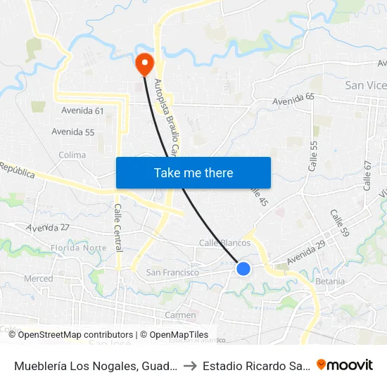 Mueblería Los Nogales, Guadalupe Goicoechea to Estadio Ricardo Saprissa Aymá map