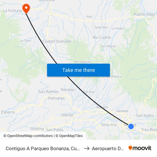 Contiguo A Parqueo Bonanza, Cuesta De Moras San José to Aeropuerto De La Fortuna map