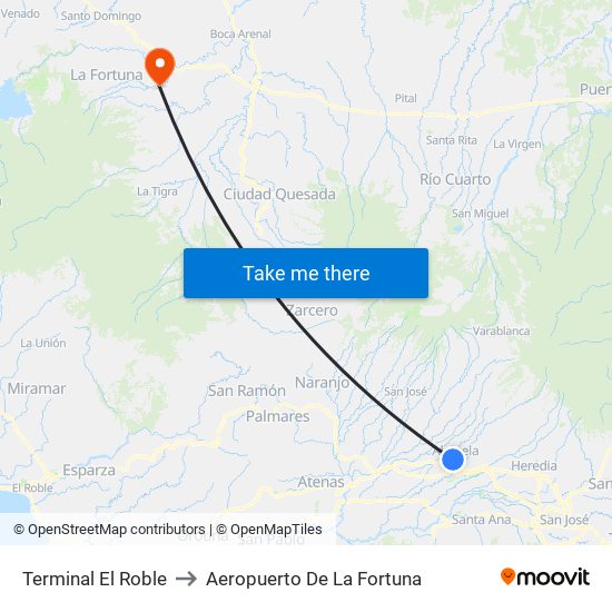 Terminal El Roble to Aeropuerto De La Fortuna map