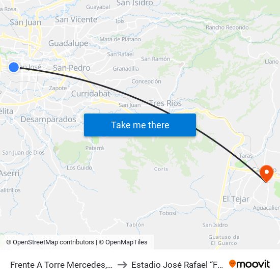 Frente A Torre Mercedes, Paseo Colón San José to Estadio José Rafael “Fello” Meza Ivancovich map