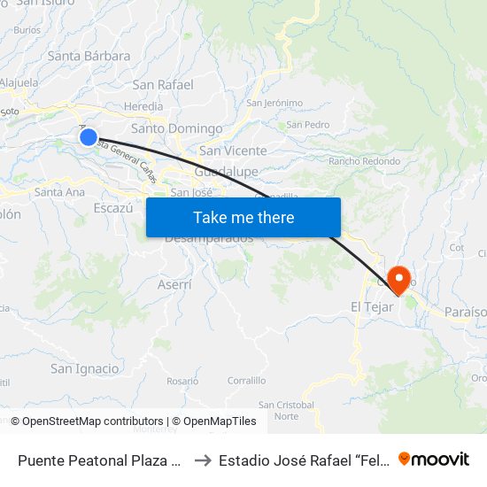 Puente Peatonal Plaza Real Cariari, Heredia to Estadio José Rafael “Fello” Meza Ivancovich map