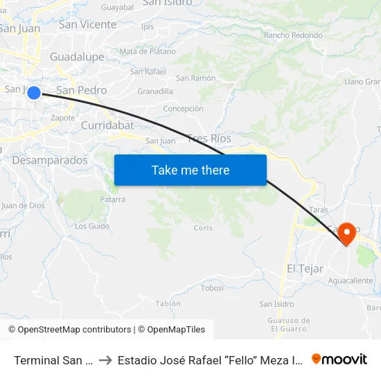 Terminal San José to Estadio José Rafael “Fello” Meza Ivancovich map