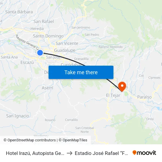 Hotel Irazú, Autopista General Cañas San José to Estadio José Rafael “Fello” Meza Ivancovich map