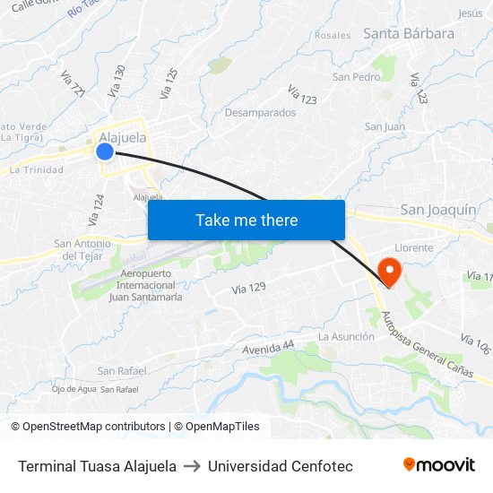 Terminal Tuasa Alajuela to Universidad Cenfotec map