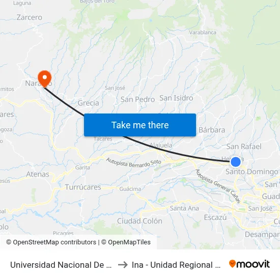 Universidad Nacional De Costa Rica, Heredia to Ina - Unidad Regional Central Occidental map