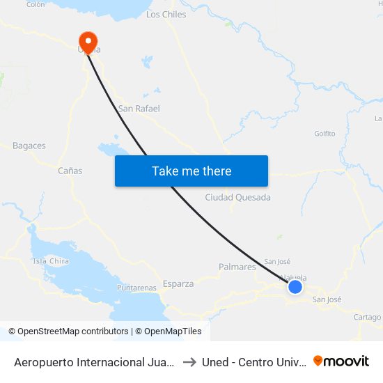 Aeropuerto Internacional Juan Santamaría, Alajuela to Uned - Centro Universitario Upala map