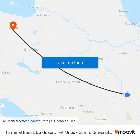 Terminal Buses De Guápiles, Pococí to Uned - Centro Universitario Upala map