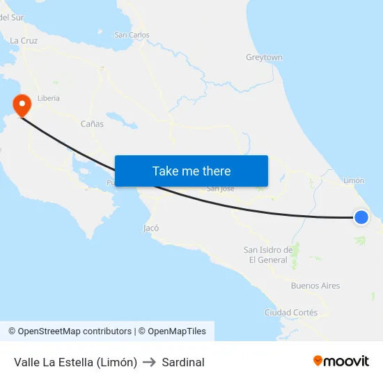 Valle La Estella (Limón) to Sardinal map