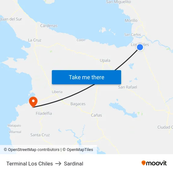 Terminal Los Chiles to Sardinal map