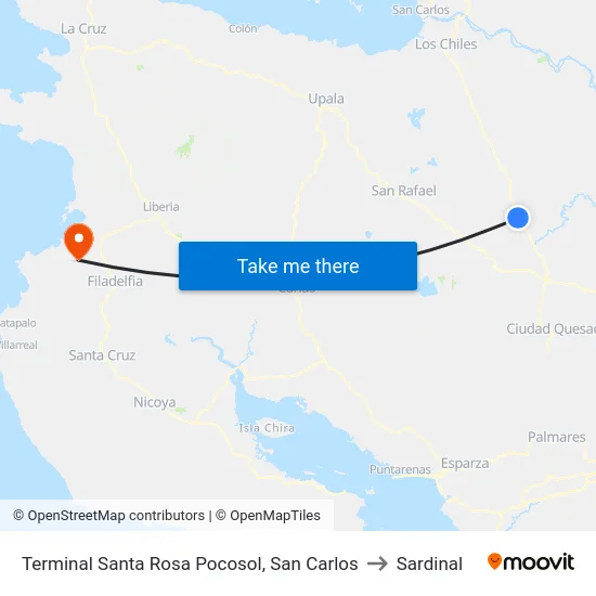Terminal Santa Rosa Pocosol, San Carlos to Sardinal map