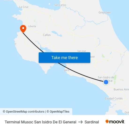 Terminal Musoc San Isidro De El General to Sardinal map