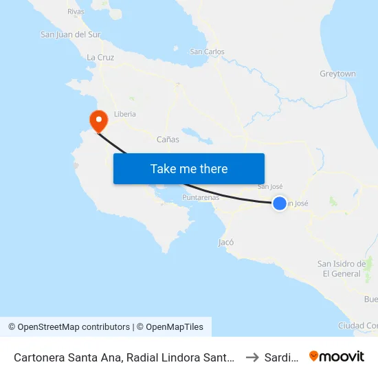 Cartonera Santa Ana, Radial Lindora Santa Ana to Sardinal map
