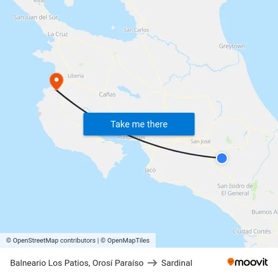 Balneario Los Patios, Orosí Paraíso to Sardinal map