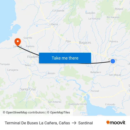 Terminal De Buses La Cañera, Cañas to Sardinal map
