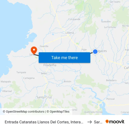 Entrada Cataratas Llanos Del Cortes, Interamericana Norte Bagaces to Sardinal map