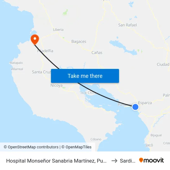 Hospital Monseñor Sanabria Martínez, Puntarenas to Sardinal map