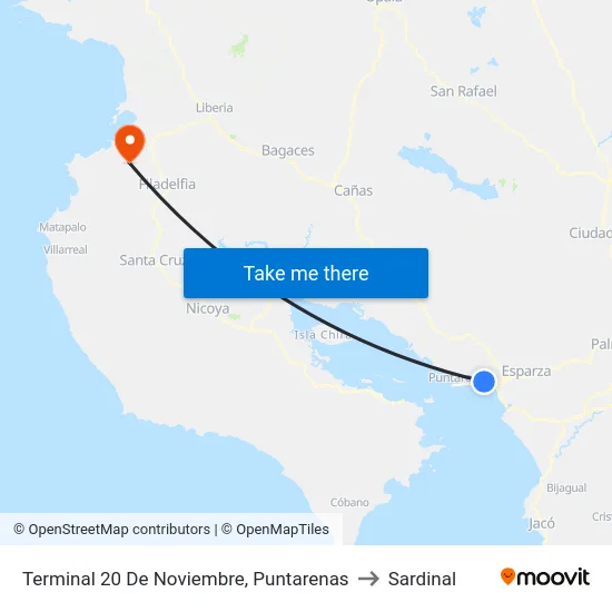 Terminal 20 De Noviembre, Puntarenas to Sardinal map