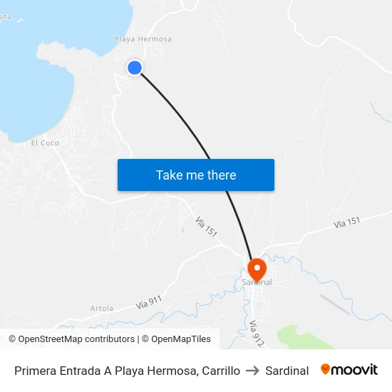 Primera Entrada A Playa Hermosa, Carrillo to Sardinal map