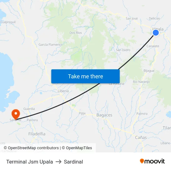 Terminal Jsm Upala to Sardinal map