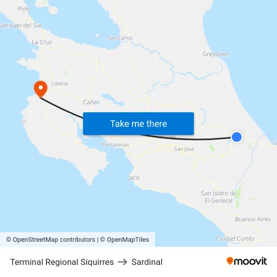 Terminal Regional Siquirres to Sardinal map