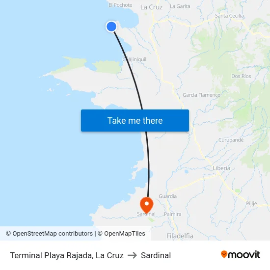 Terminal Playa Rajada, La Cruz to Sardinal map