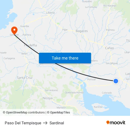 Paso Del Tempisque to Sardinal map