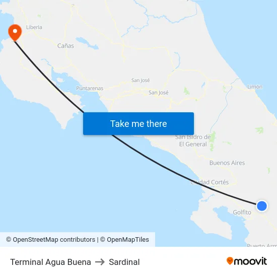 Terminal Agua Buena to Sardinal map