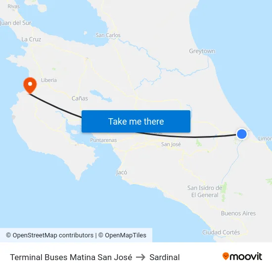 Terminal Buses Matina San José to Sardinal map