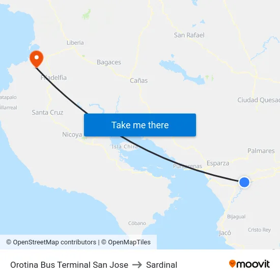 Orotina Bus Terminal San Jose to Sardinal map